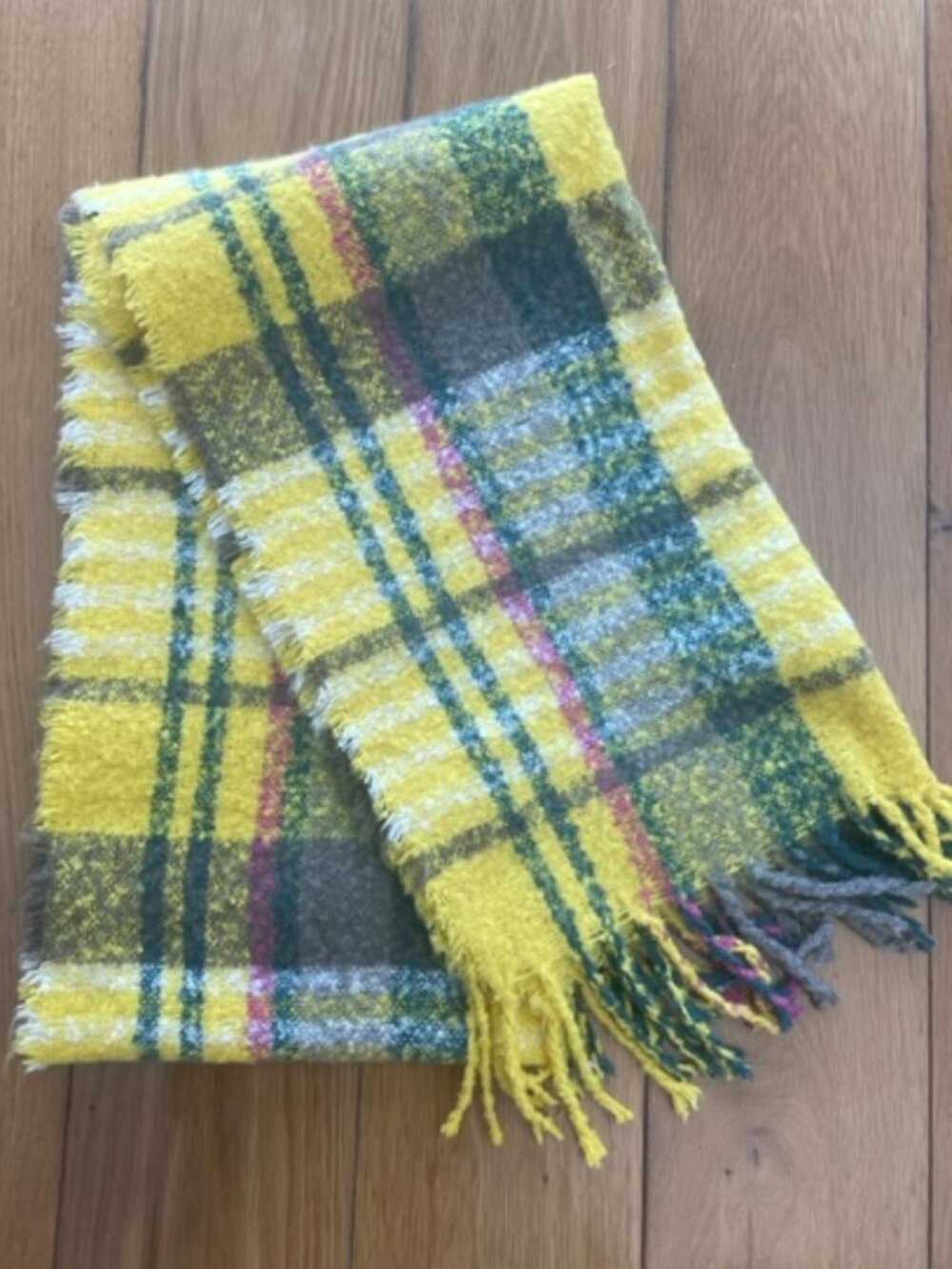 Urban Outfitter Cozy Plaid Scarf Yellow, green, pink, soft 22"x78" NWOT